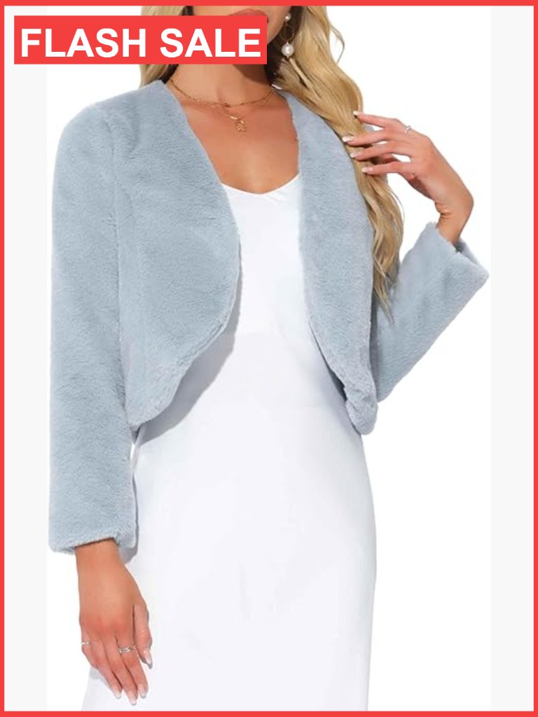 Faux Fur Cropped Jacket Long Sleeve Open Front Bolero With Pockets